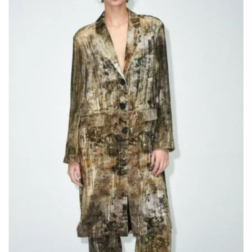 Zara Velvet Long Jacket Overcoat Womens Sz XS Grunge Forest Fairy Camo $169